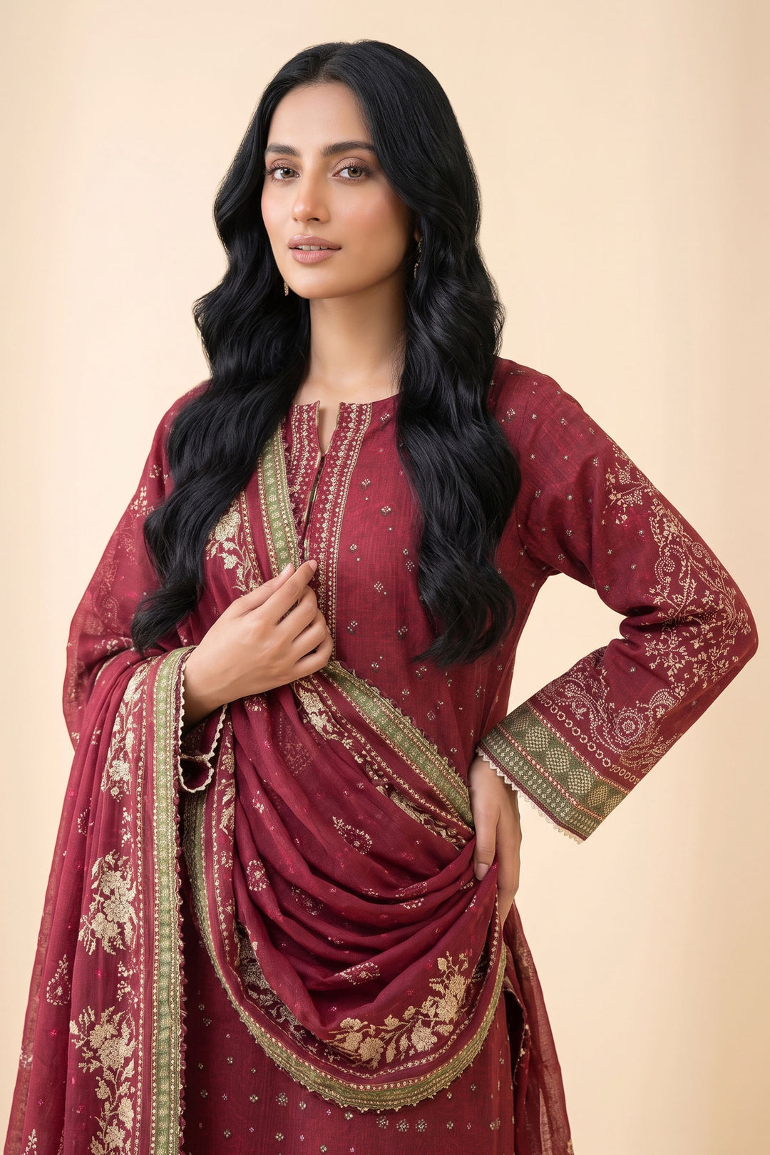 3 Piece Unstitched Rich Maroon Premium Linen