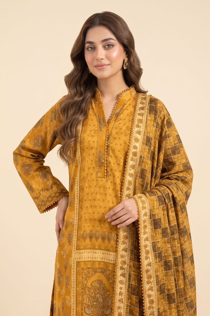 Unstitched 3 Piece Premium Printed Linen Suit - Yellow