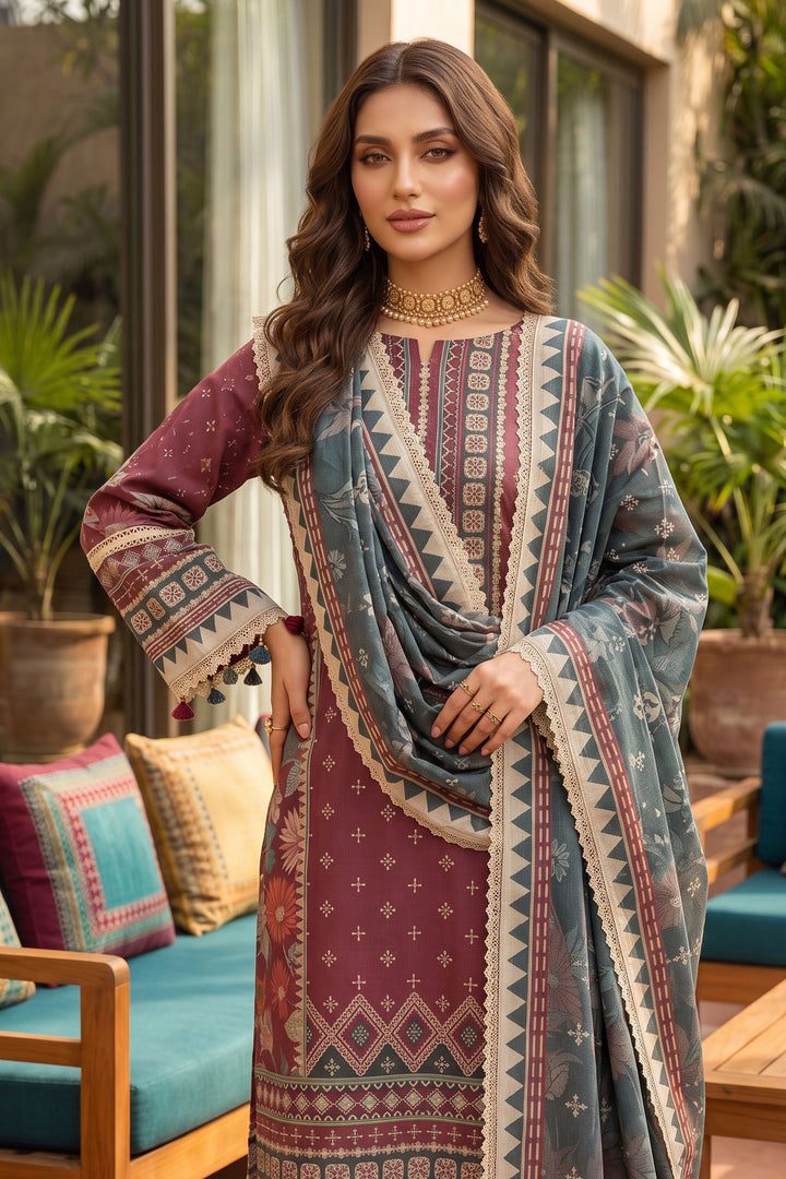 Wine 3 Piece Unstitched Premium Printed Lawn