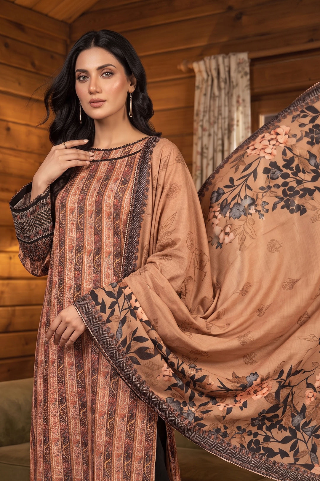 3 Piece Unstitched Brown Premium Linen