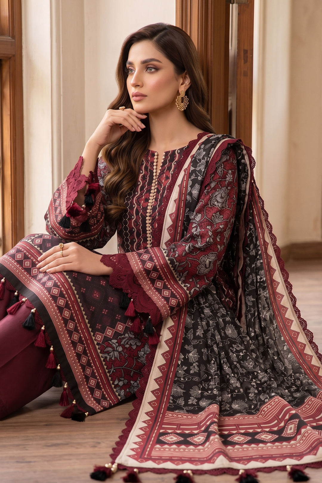 Maroon 3 Piece Unstitched Premium Printed Lawn