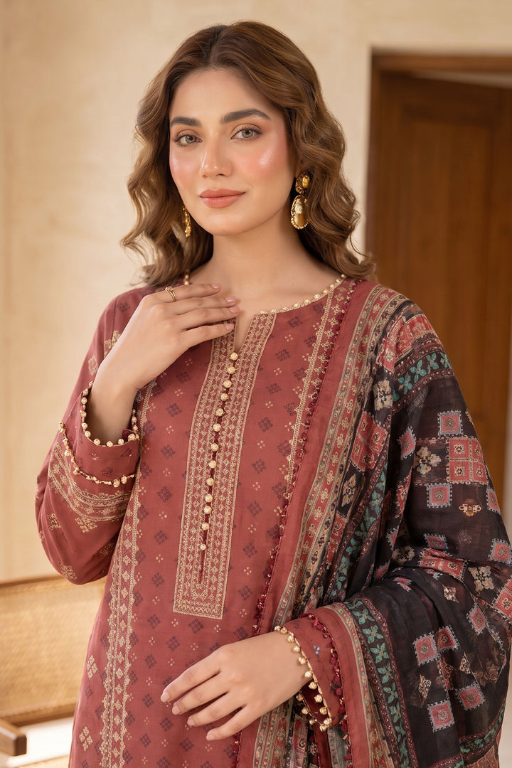 Brick Red 3 Piece Unstitched Premium Printed Lawn