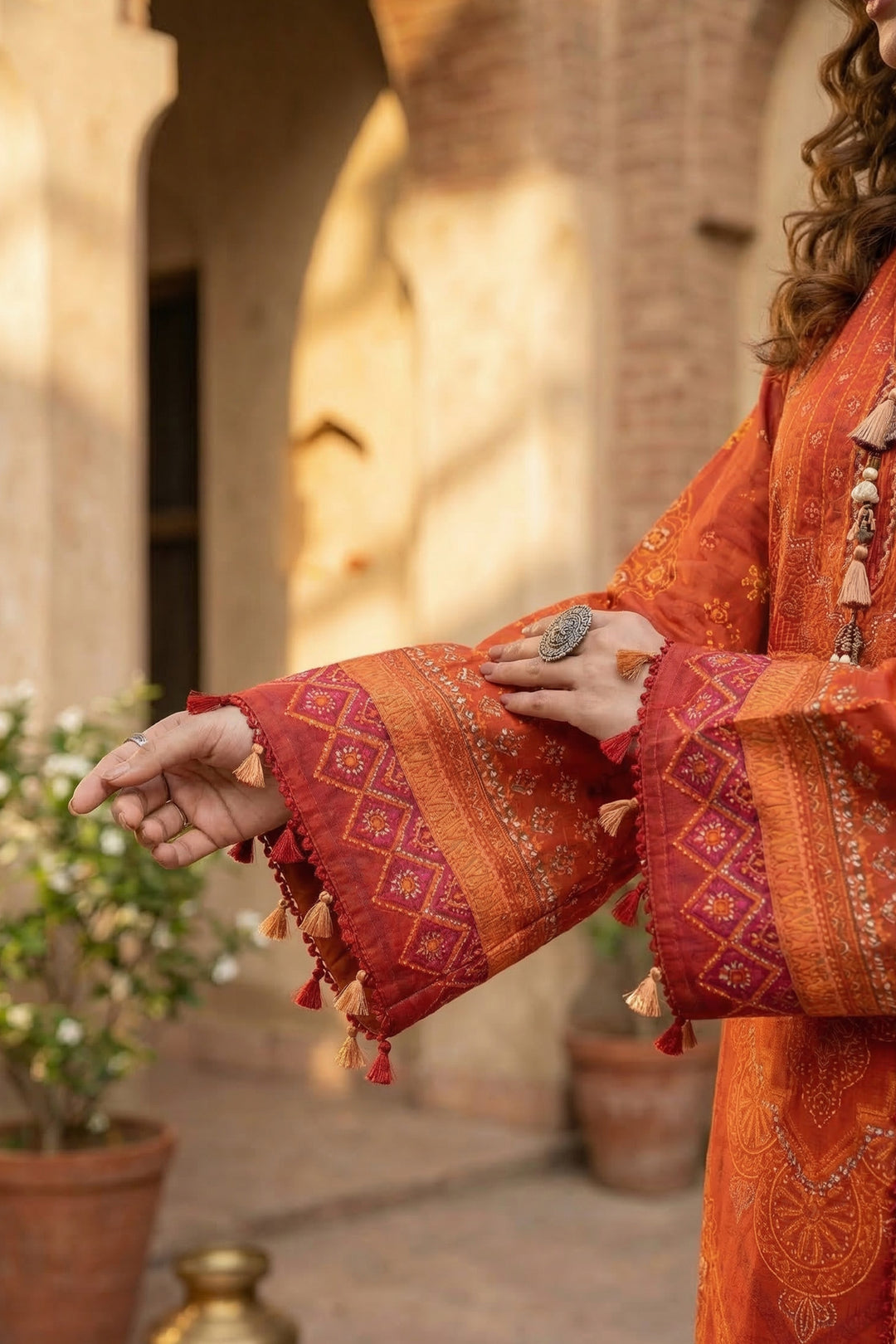 3 Piece Unstitched Orange Premium Printed Lawn