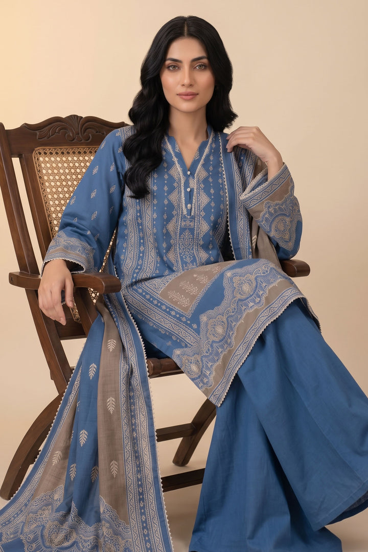 3 Piece Unstitched Blue Slub Khaddar