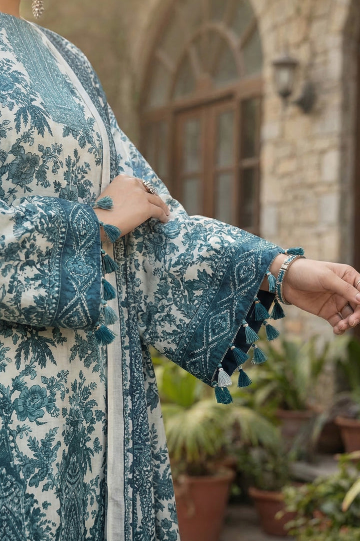 3 Piece Unstitched Teal Blue Premium Printed Lawn