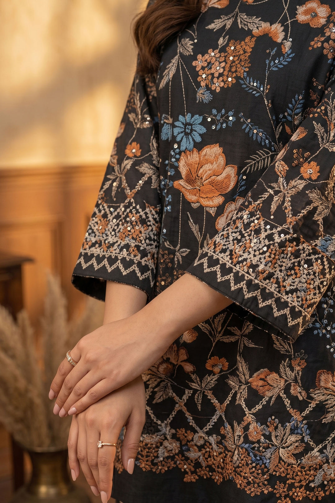 Black 2 Piece Unstitched Printed Cambric Co-Ord Set