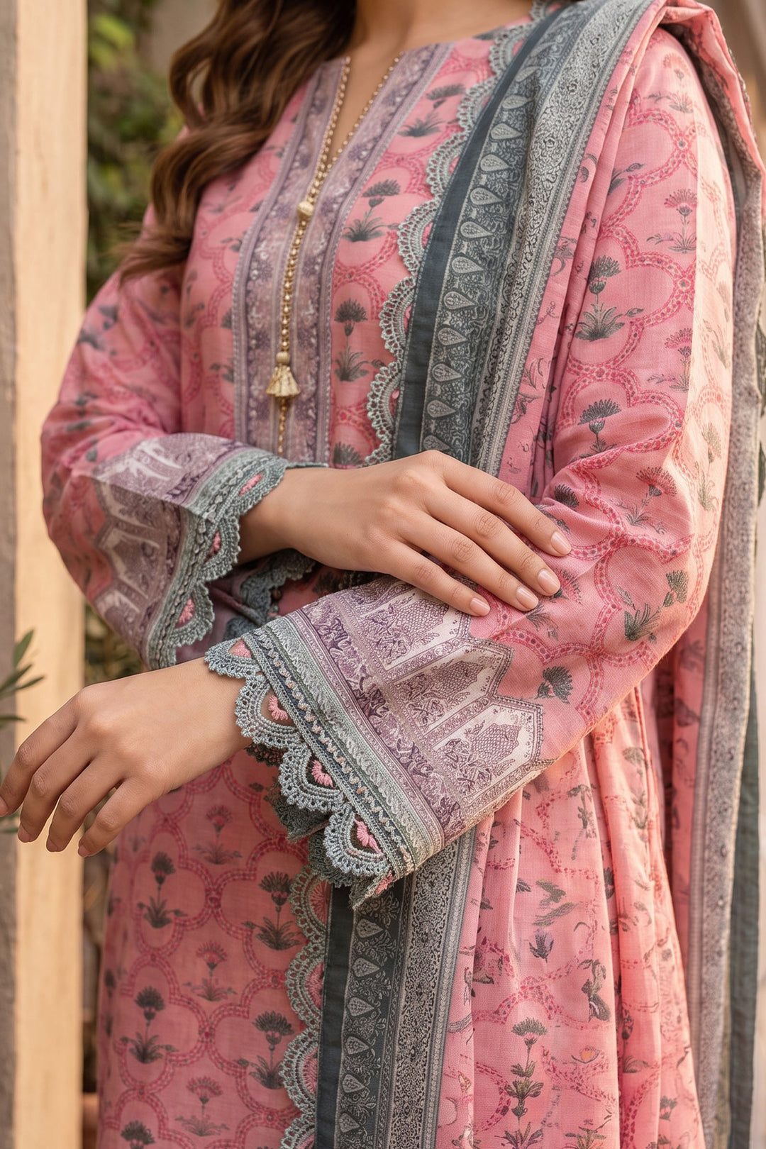Pink 3 Piece Unstitched Premium Printed Lawn