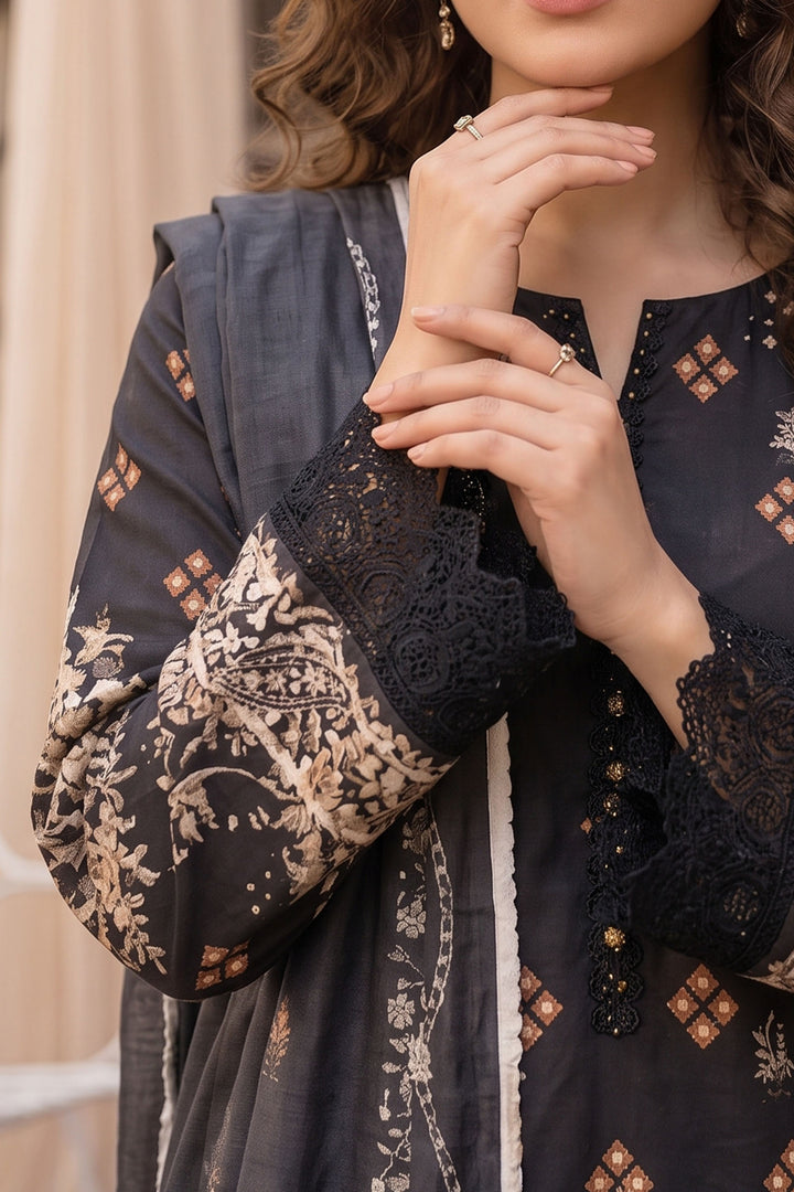 Black 3 Piece Unstitched Premium Printed Lawn