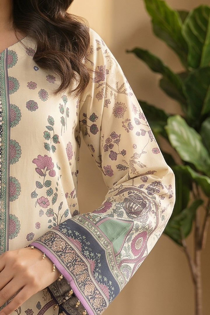 Beige 2 Piece Unstitched Printed Cambric Co-Ord Set