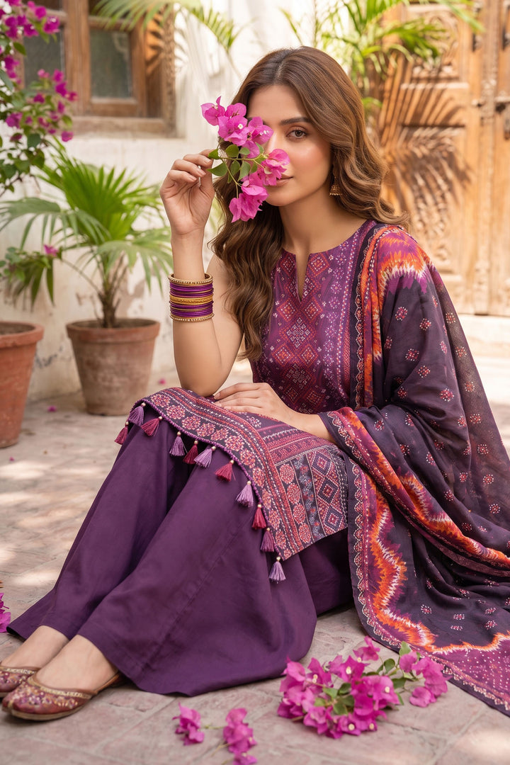 Plum Purple 3 Piece Unstitched Premium Printed Lawn