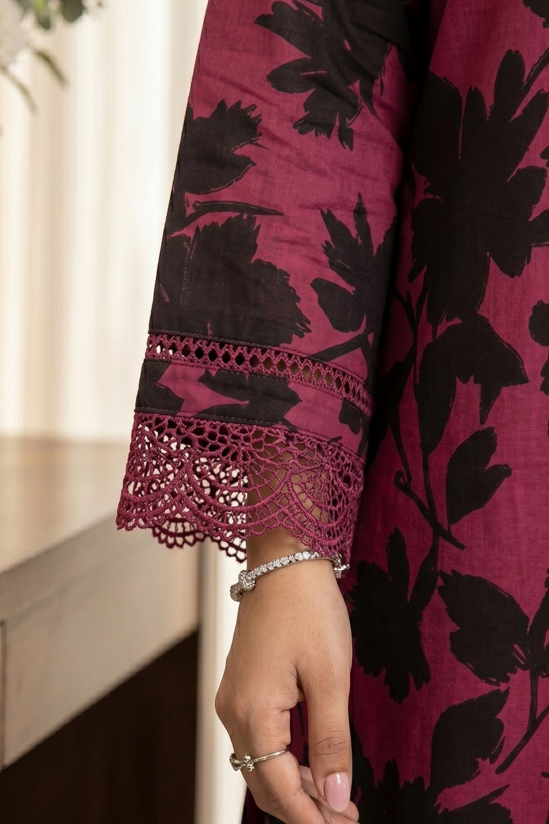 2 Piece  Shocking Pink Unstitched Printed Cambric Co-Ord Set