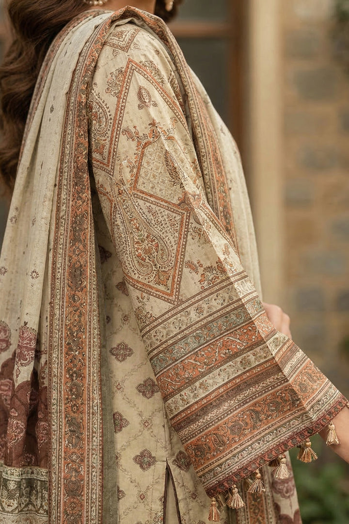 3 Piece Unstitched Beige Premium Printed Lawn