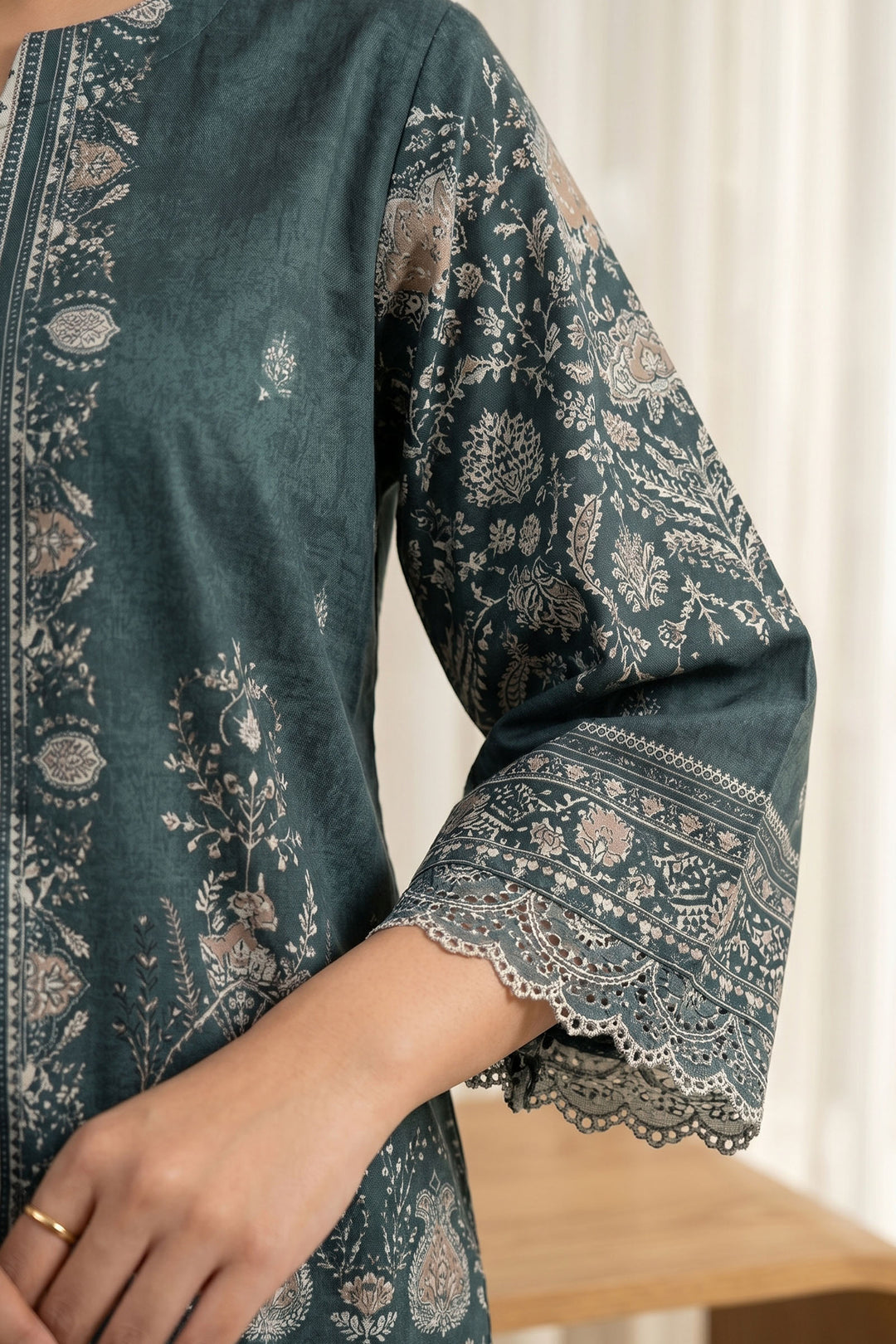2 Piece Dark Teal Unstitched Printed Cambric Co-Ord Set