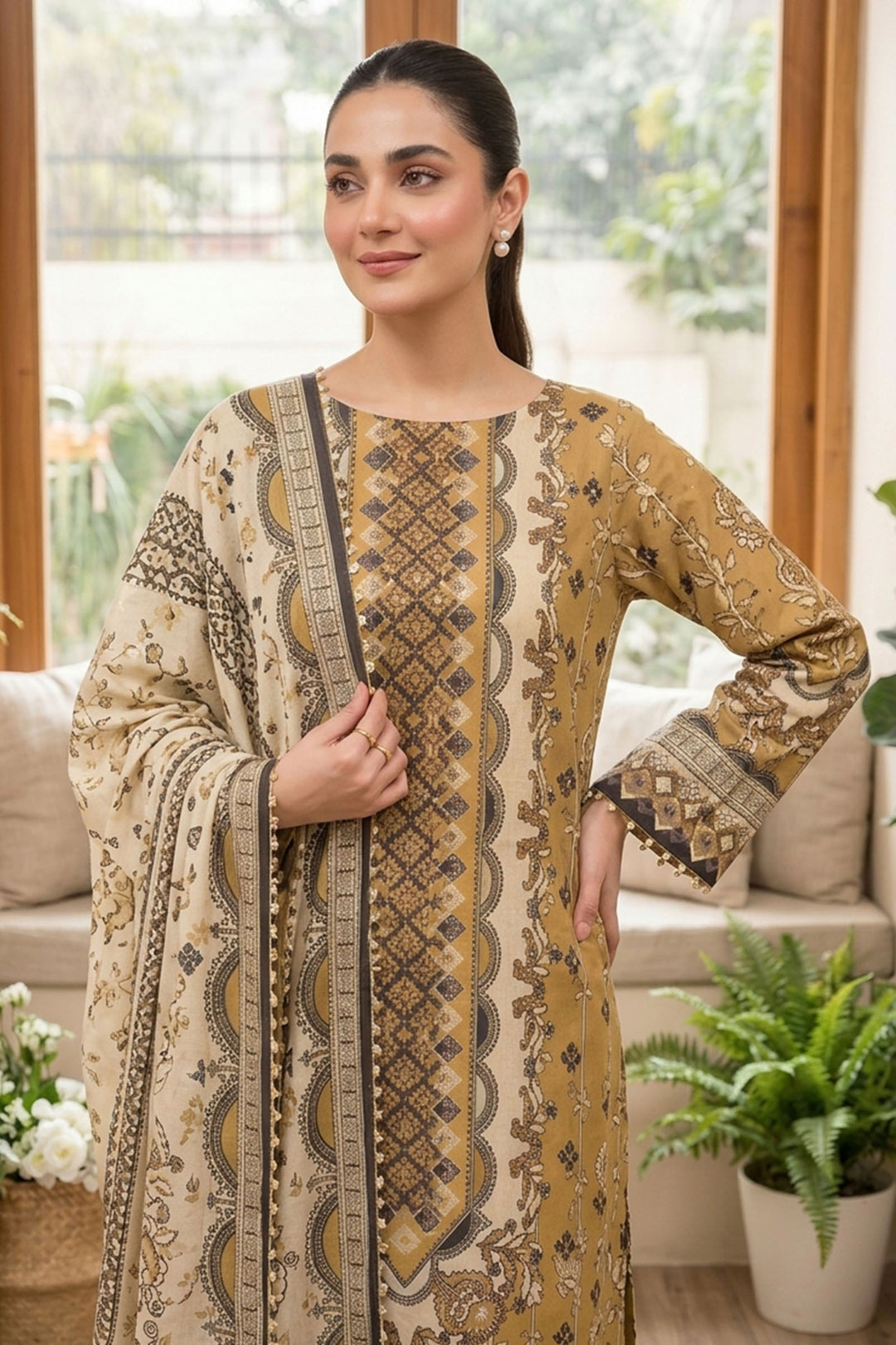 Mustard 3 Piece Unstitched Premium Printed Lawn
