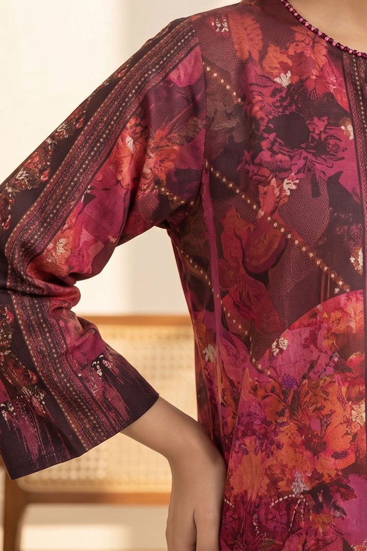 Red Brown 2 Piece Unstitched Printed Cambric Co-Ord Set