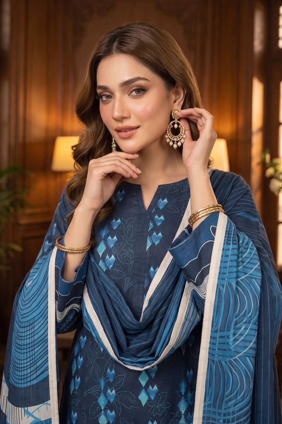 Blue 3 Piece Unstitched Premium Printed Lawn