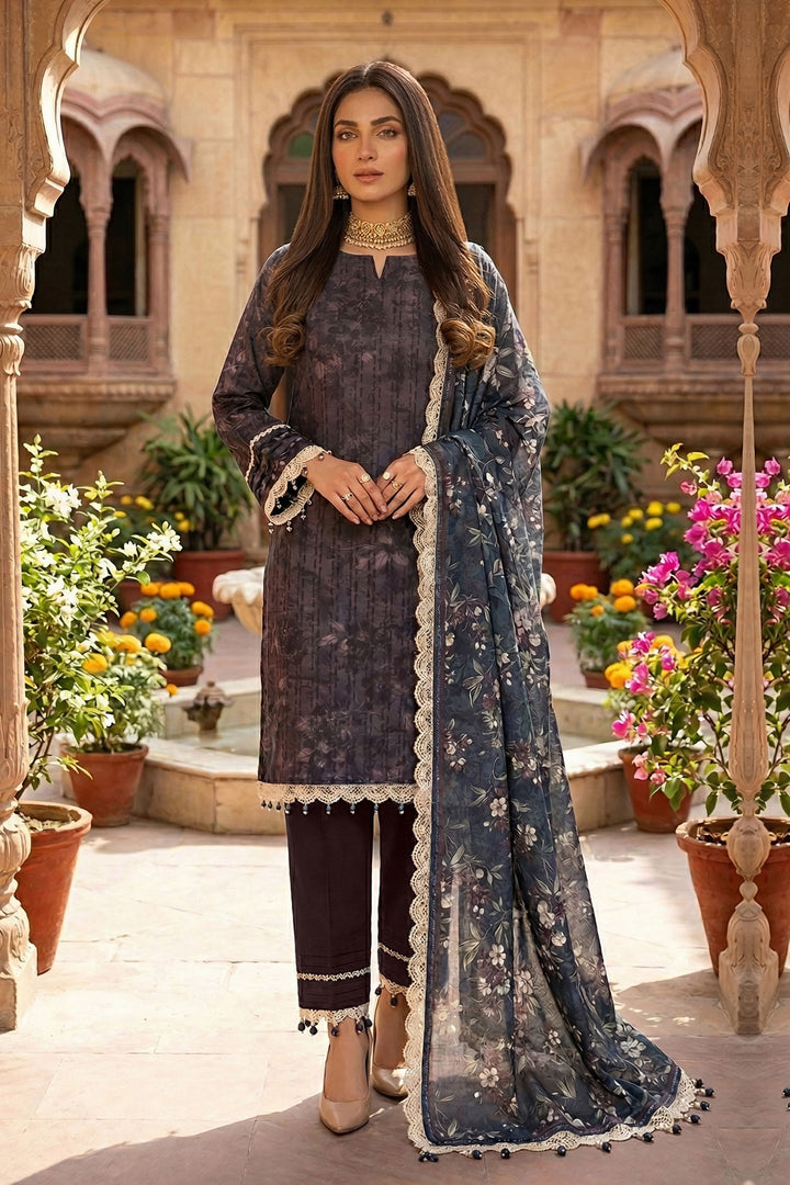 Purple Taupe 3 Piece Unstitched Premium Printed Lawn