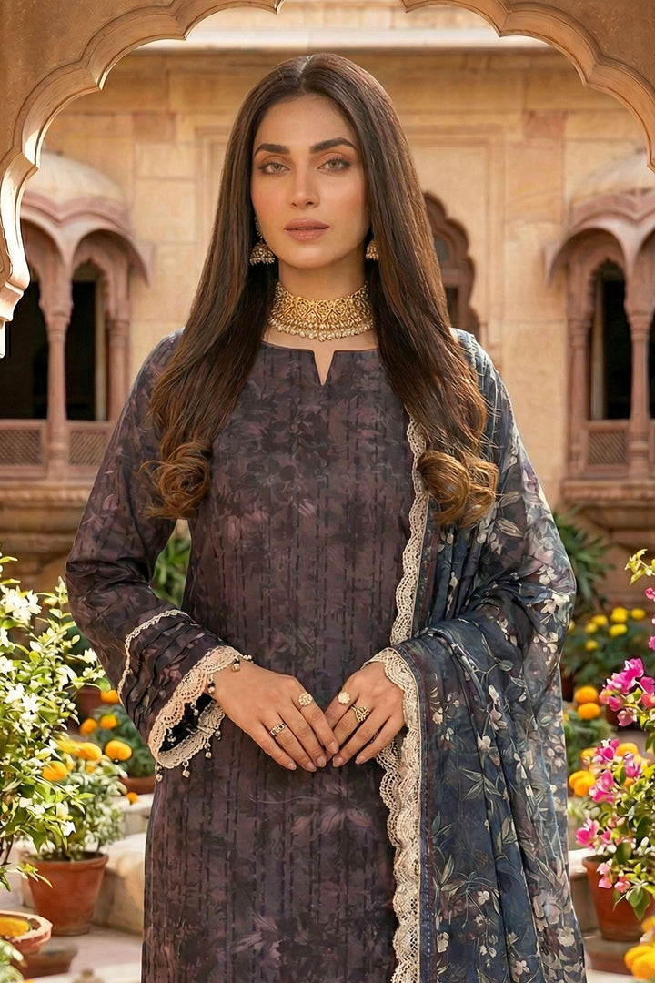 Purple Taupe 3 Piece Unstitched Premium Printed Lawn