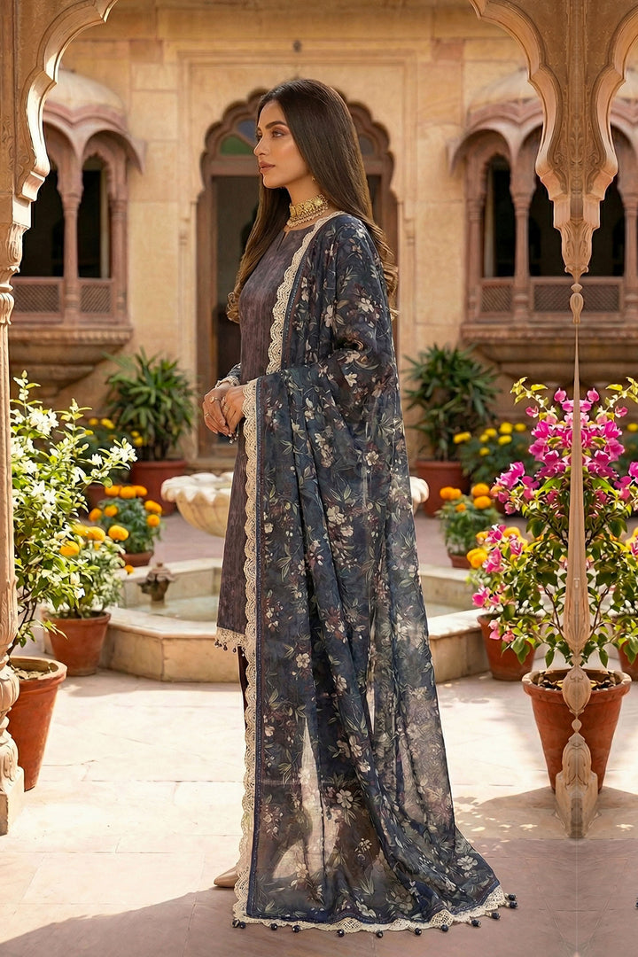 Purple Taupe 3 Piece Unstitched Premium Printed Lawn