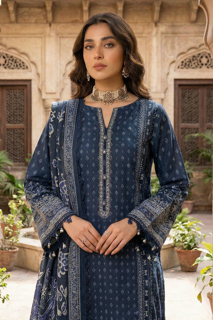 Blue 3 Piece Unstitched Premium Printed Lawn