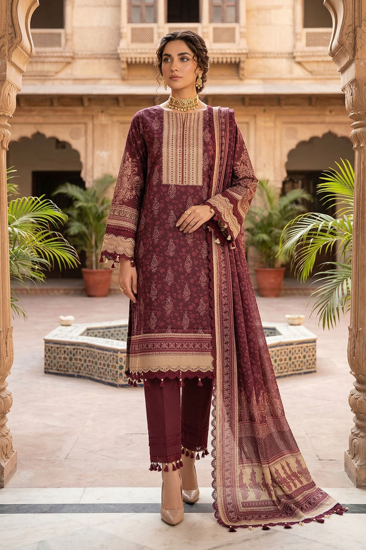 Wine 3 Piece Unstitched Premium Printed Lawn