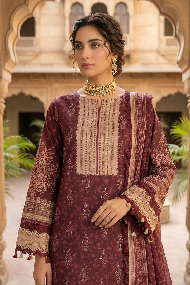 Wine 3 Piece Unstitched Premium Printed Lawn