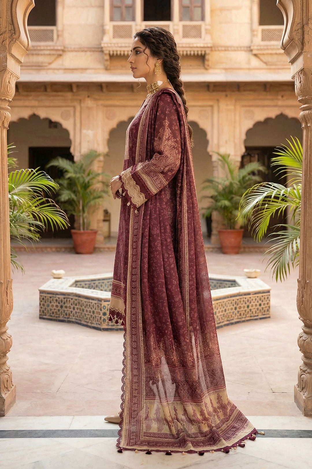 Wine 3 Piece Unstitched Premium Printed Lawn
