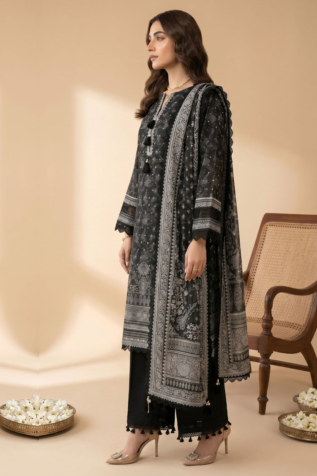 Black 3 Piece Unstitched Premium Printed Lawn