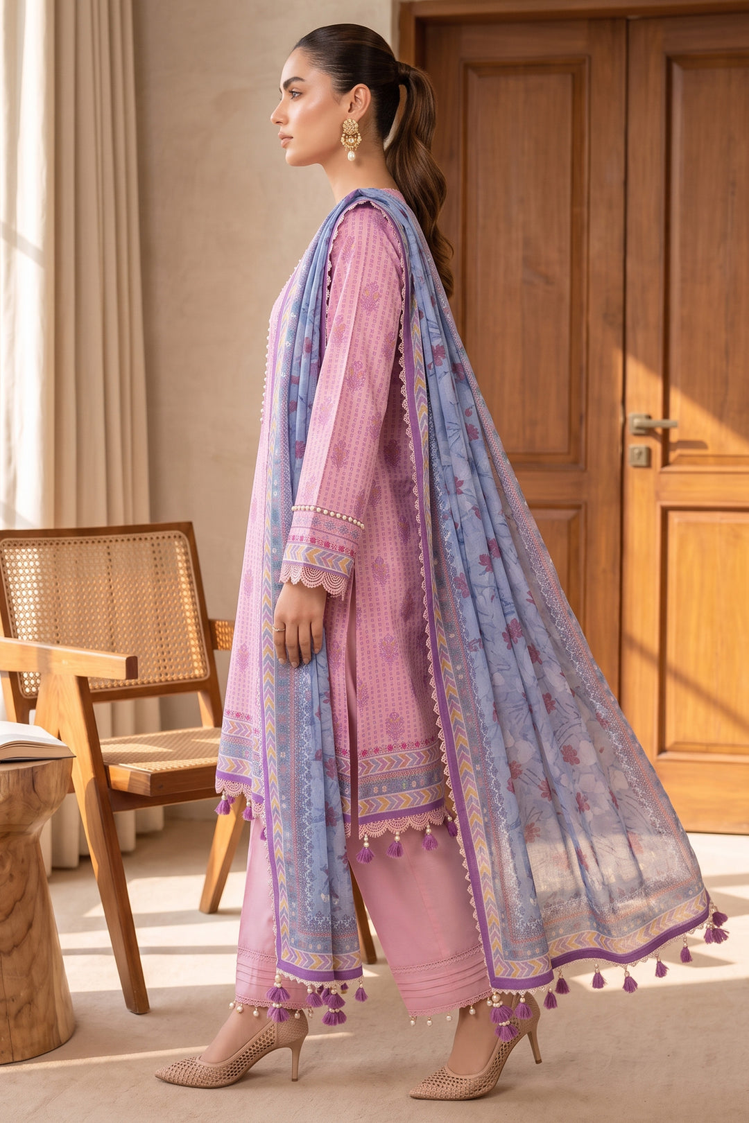 Pink 3 Piece Unstitched Premium Printed Lawn
