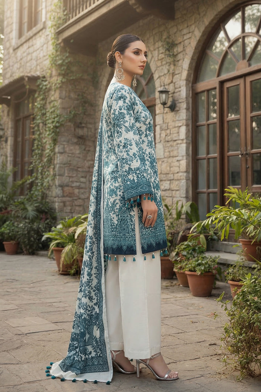 3 Piece Unstitched Teal Blue Premium Printed Lawn