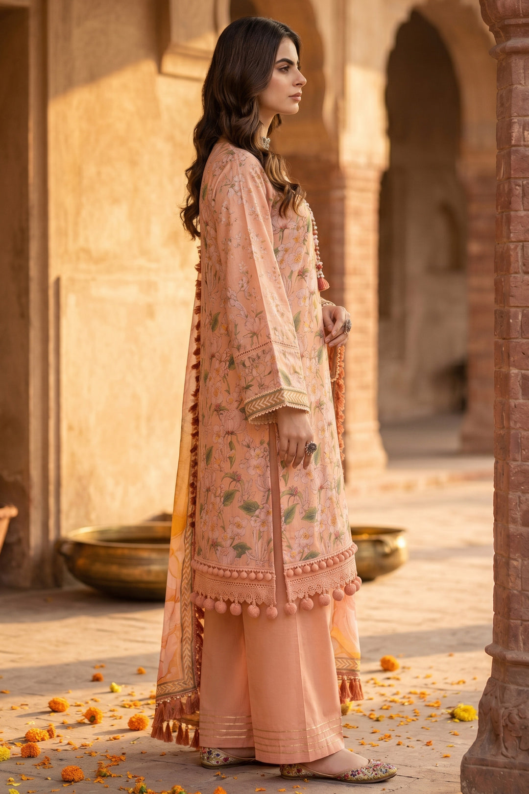 3 Piece Unstitched Peach Premium Lawn