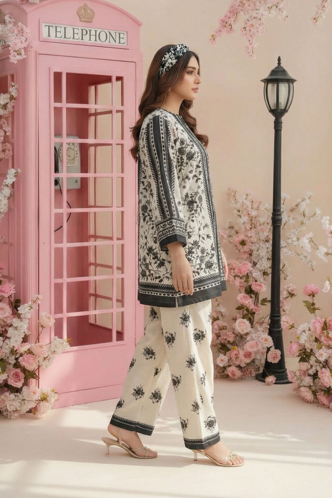 Black 2 Piece Unstitched Printed Cambric Co-Ord Set