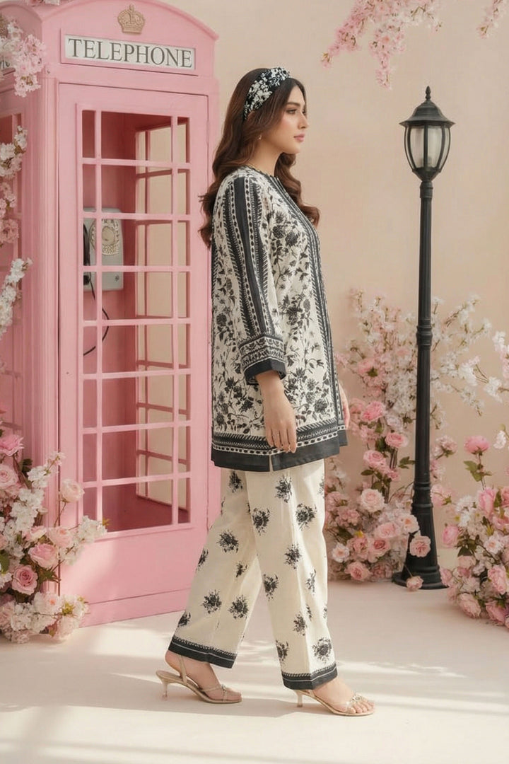 Black 2 Piece Unstitched Printed Cambric Co-Ord Set