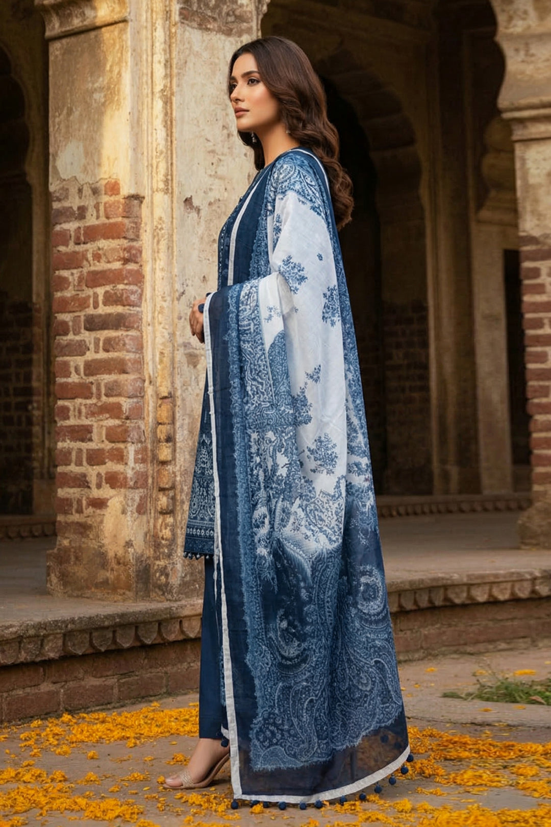 3 Piece Unstitched Blue Premium Printed Lawn