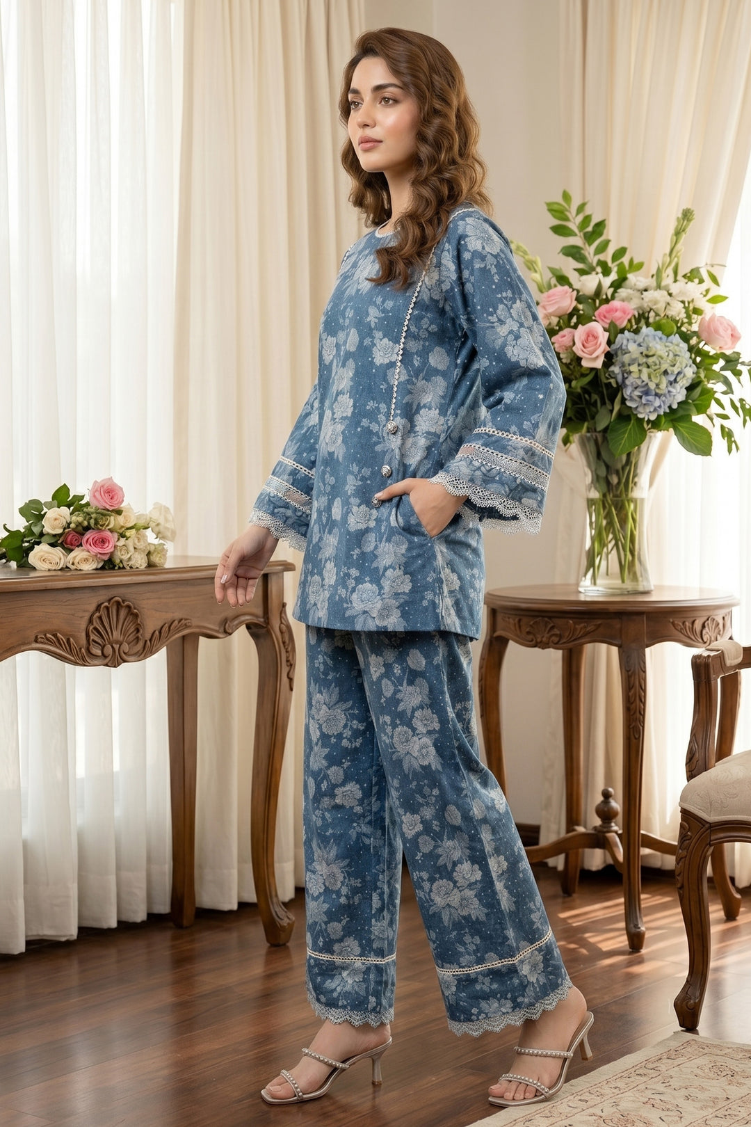 2 Piece Classic Blue Unstitched Printed Cambric Co-Ord Set