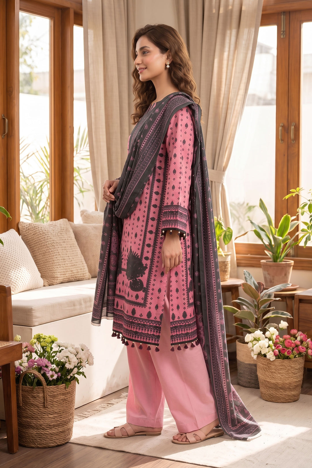 Pink 3 Piece Unstitched Premium Printed Lawn