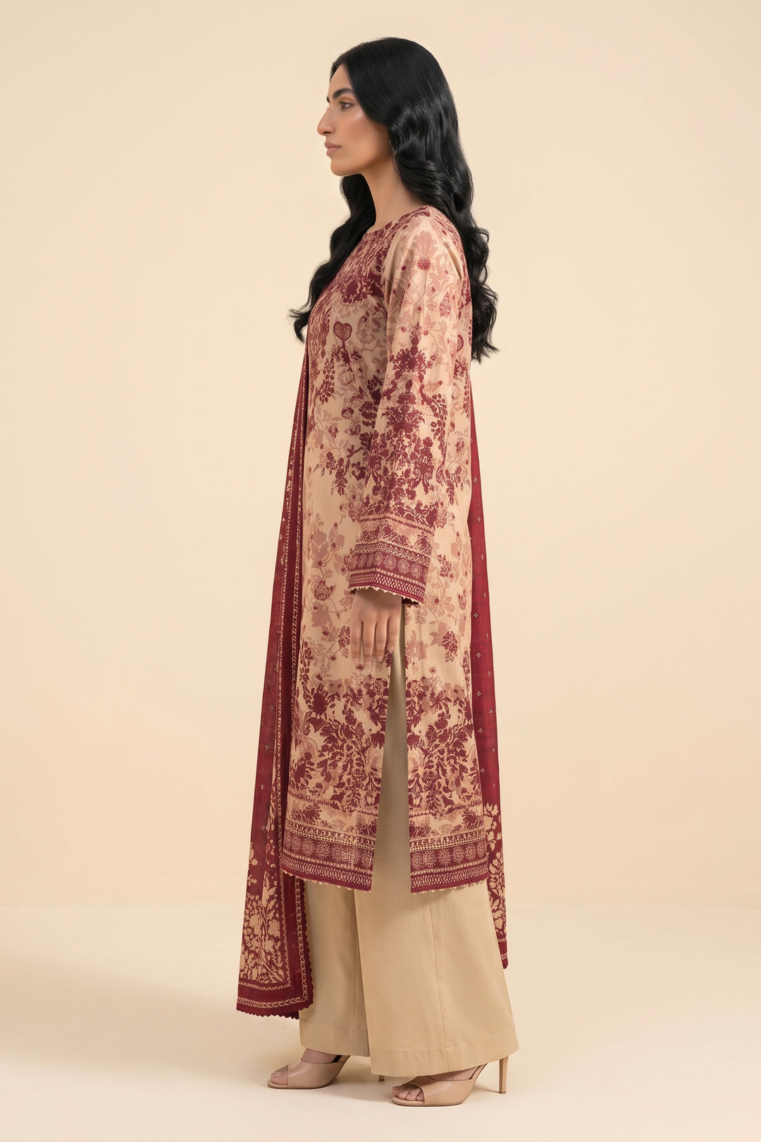 3 Piece Unstitched Beige Premium Linen