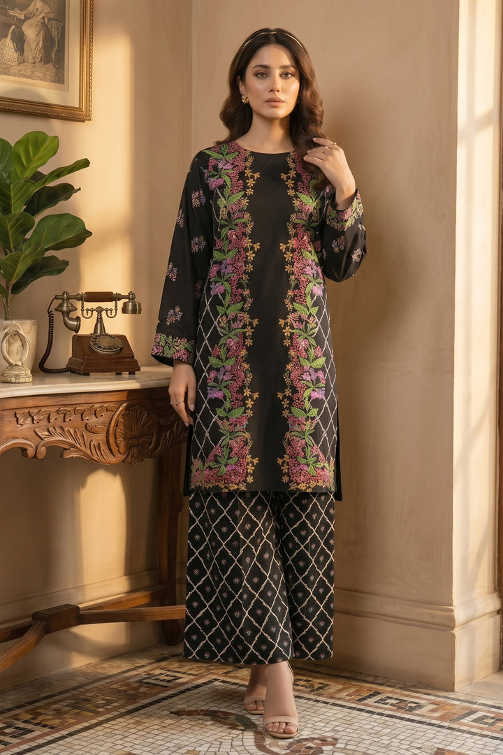 Black 2 Piece Unstitched Printed Cambric Co-Ord Set