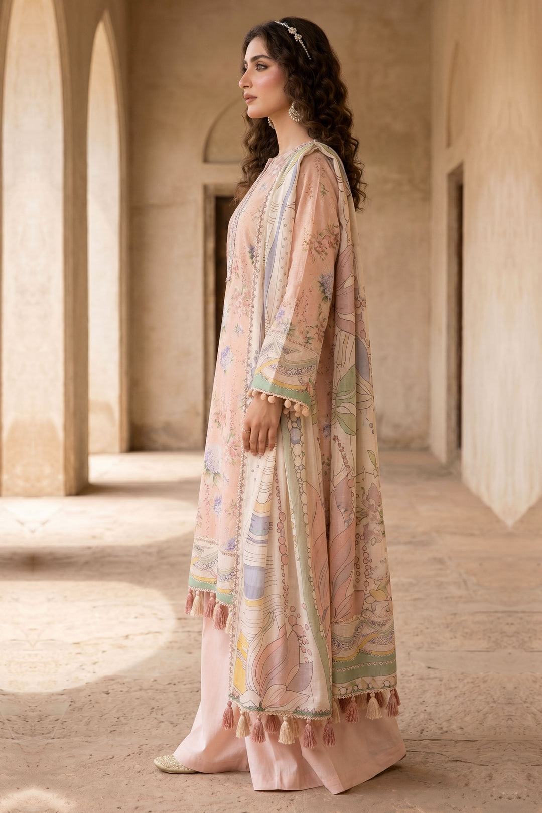 3 Piece Unstitched Peach Premium Lawn