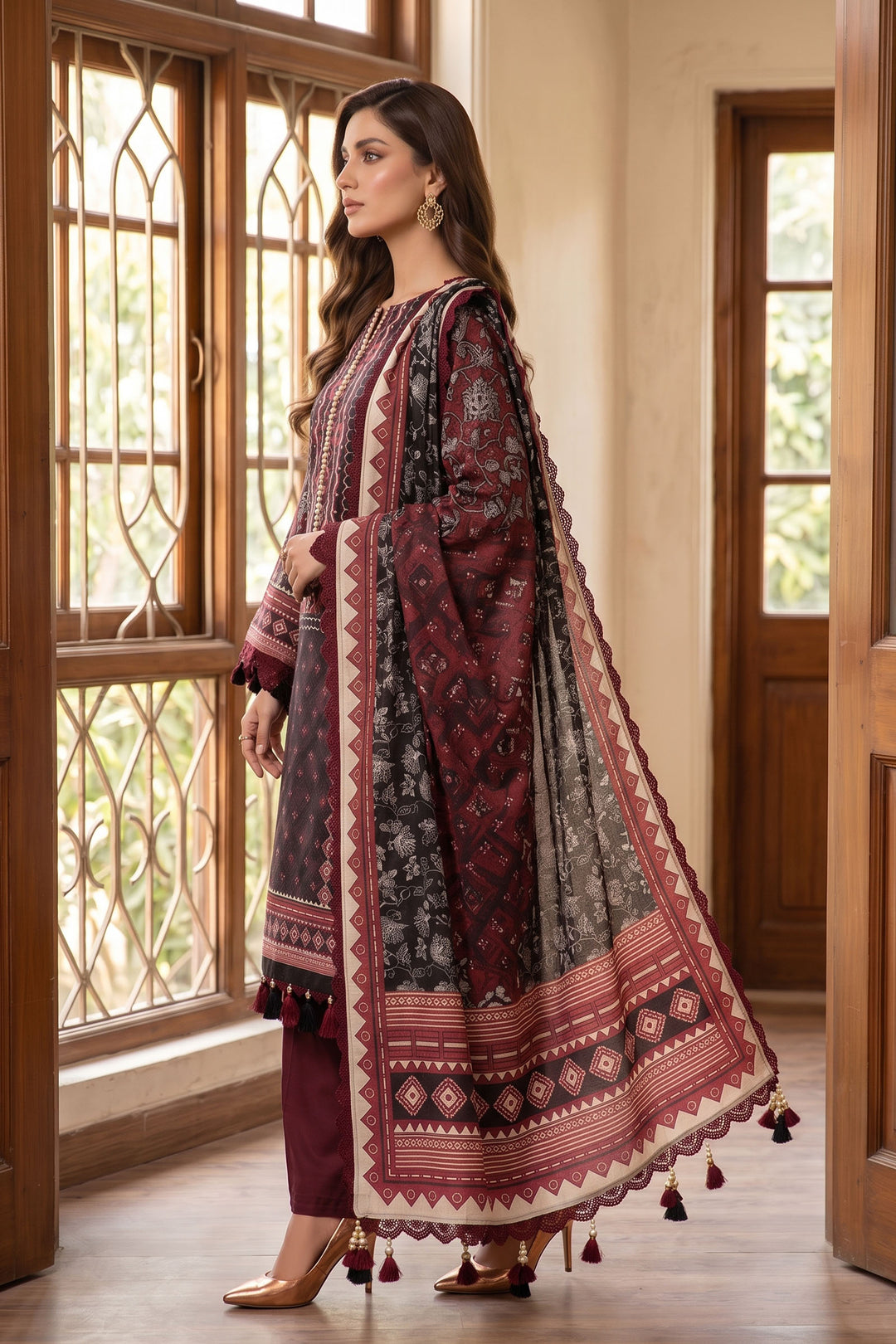 Maroon 3 Piece Unstitched Premium Printed Lawn