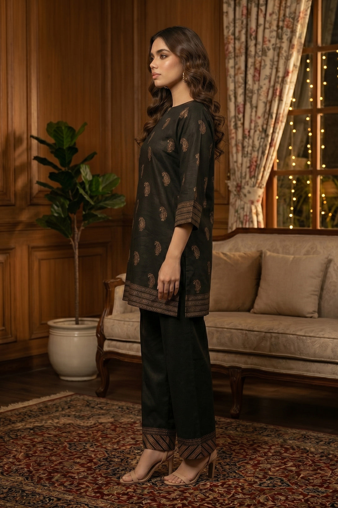 Coffee 2 Piece Unstitched Printed Cambric Co-Ord Set
