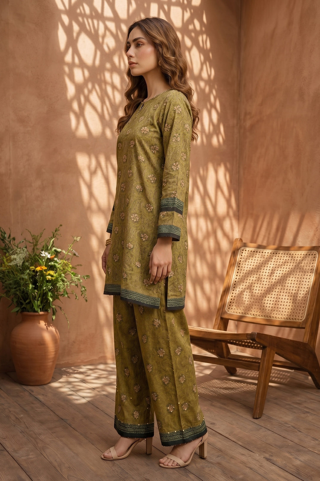 Dark Tan 2 Piece Unstitched Printed Cambric Co-Ord Set