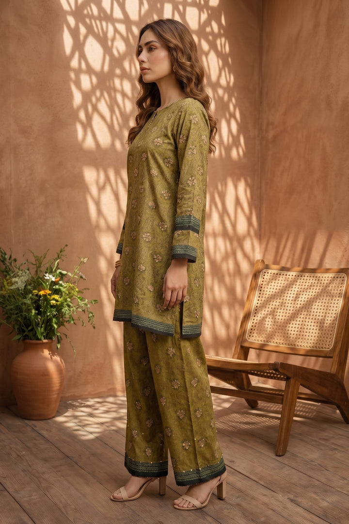 Dark Tan 2 Piece Unstitched Printed Cambric Co-Ord Set