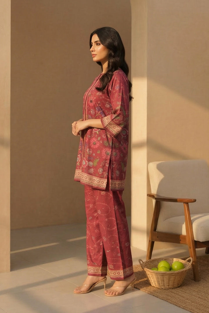 Brick Red 2 Piece Unstitched Printed Cambric Co-Ord Set