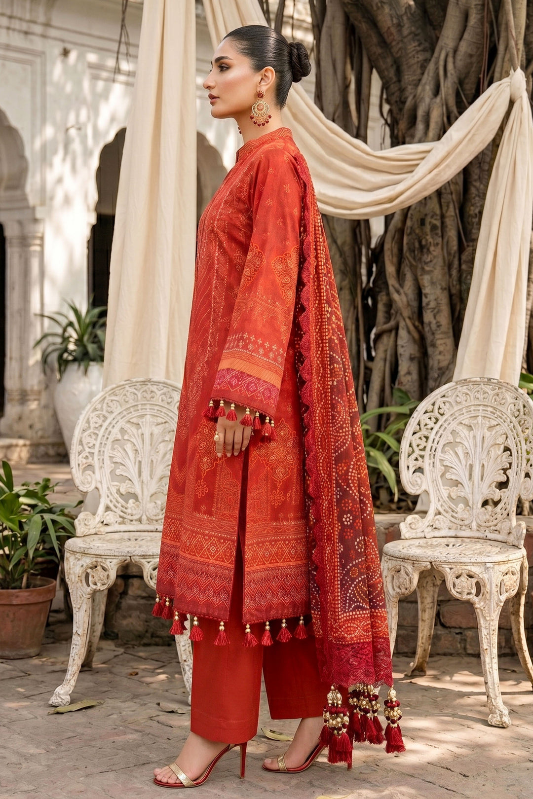 3 Piece Unstitched Orange Premium Lawn