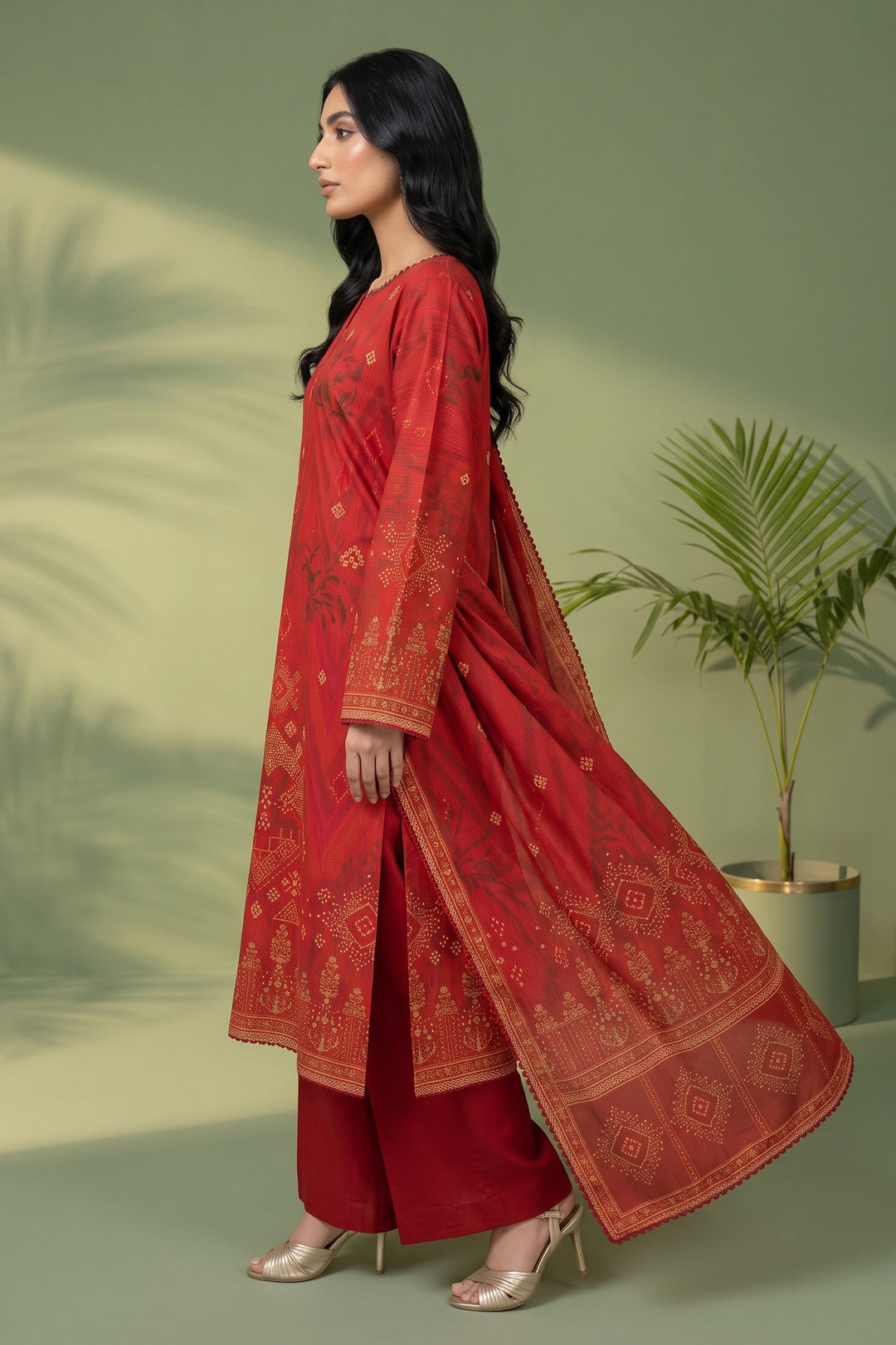 3 Piece Unstitched Red Premium Linen
