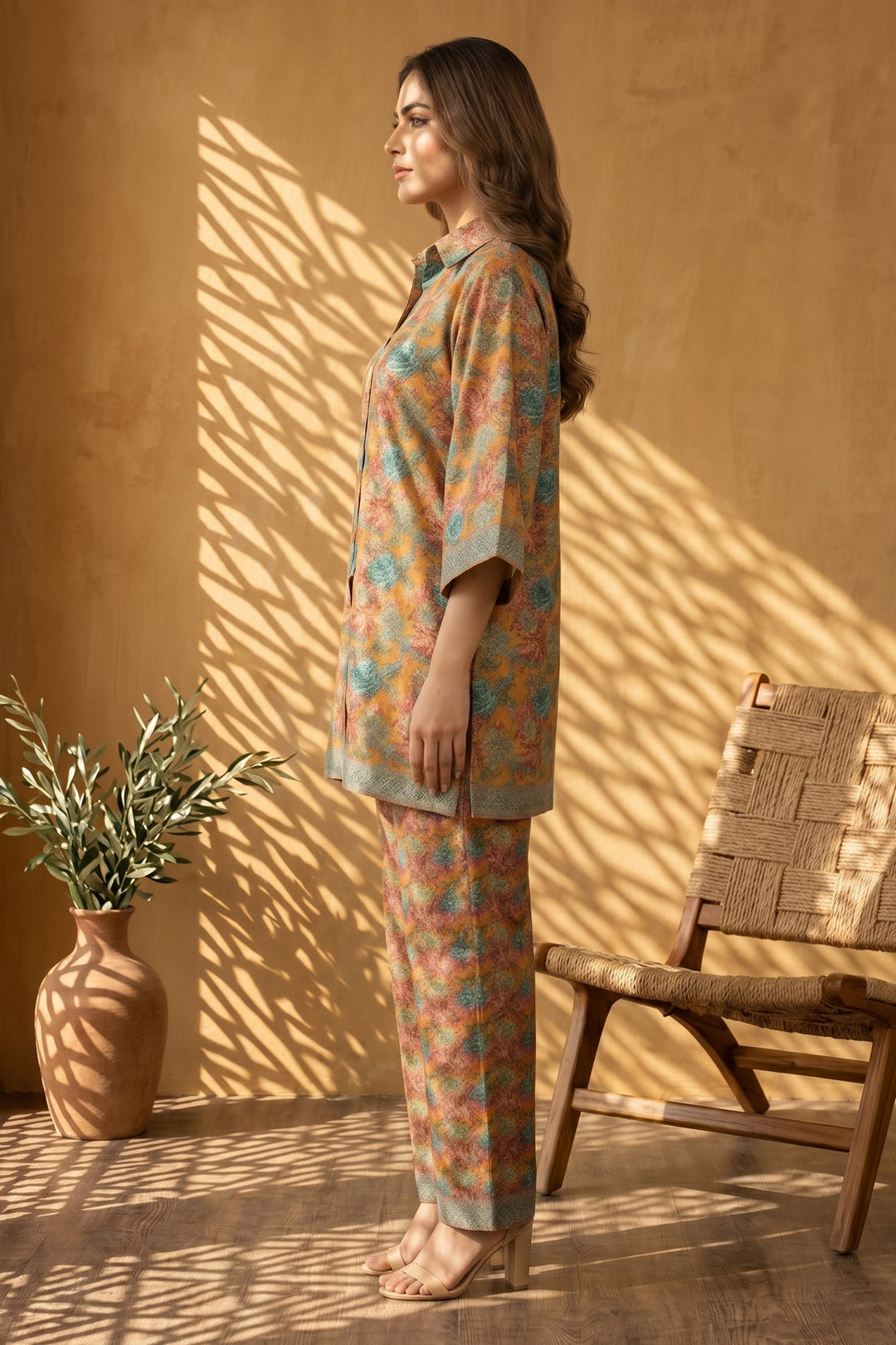 Dull Orange 2 Piece Unstitched Printed Cambric Co-Ord Set