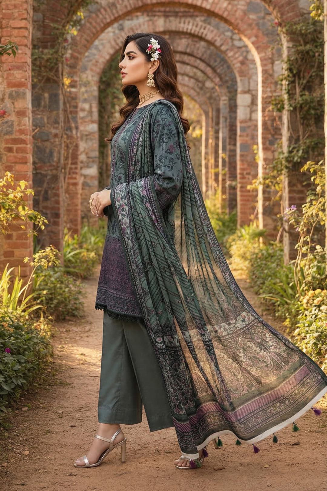 3 Piece Unstitched Feldgrau Green Premium Printed Lawn