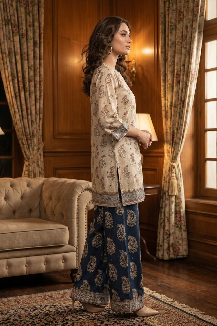 Tan 2 Piece Unstitched Printed Cambric Co-Ord Set