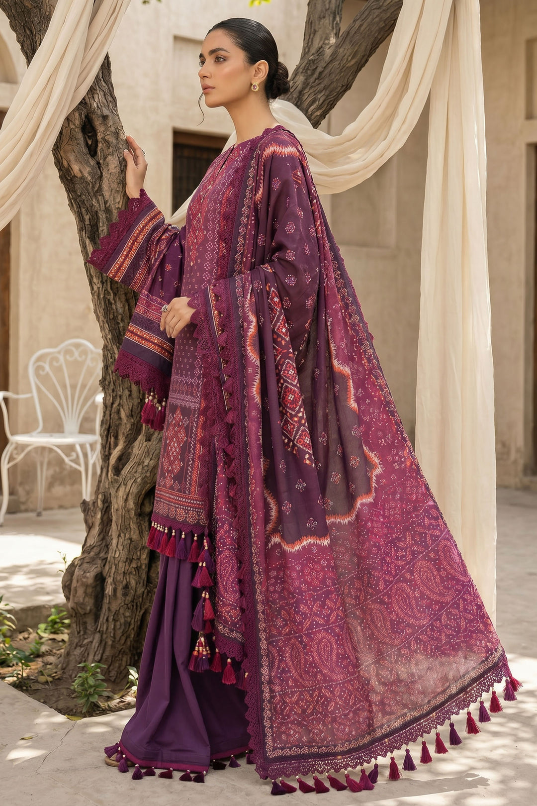 Dark Raspberry 3 Piece Unstitched Premium Printed Lawn